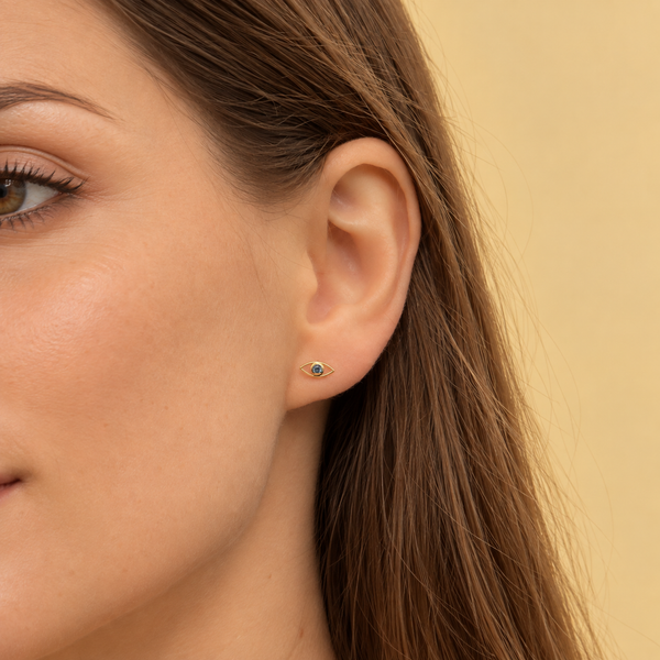 Greek Eye, Evil Eye Stud with London Topaz Gold