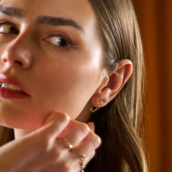 Hoops with Pink Tourmaline, Amethyst, Sky Topaz Gold