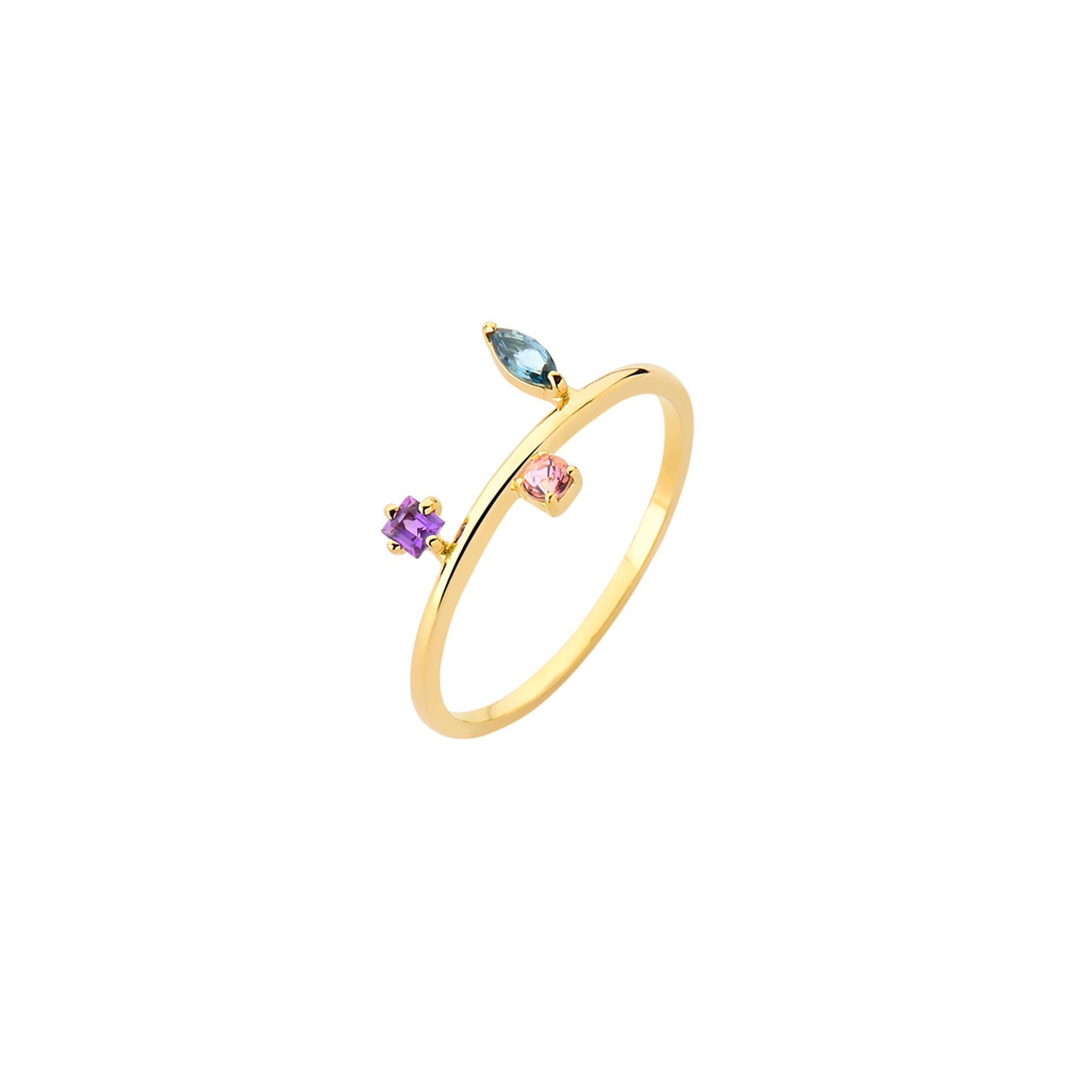 Amethyst, Pink Turmaline & Sky Topaz Ring 18K Solid Yellow Gold